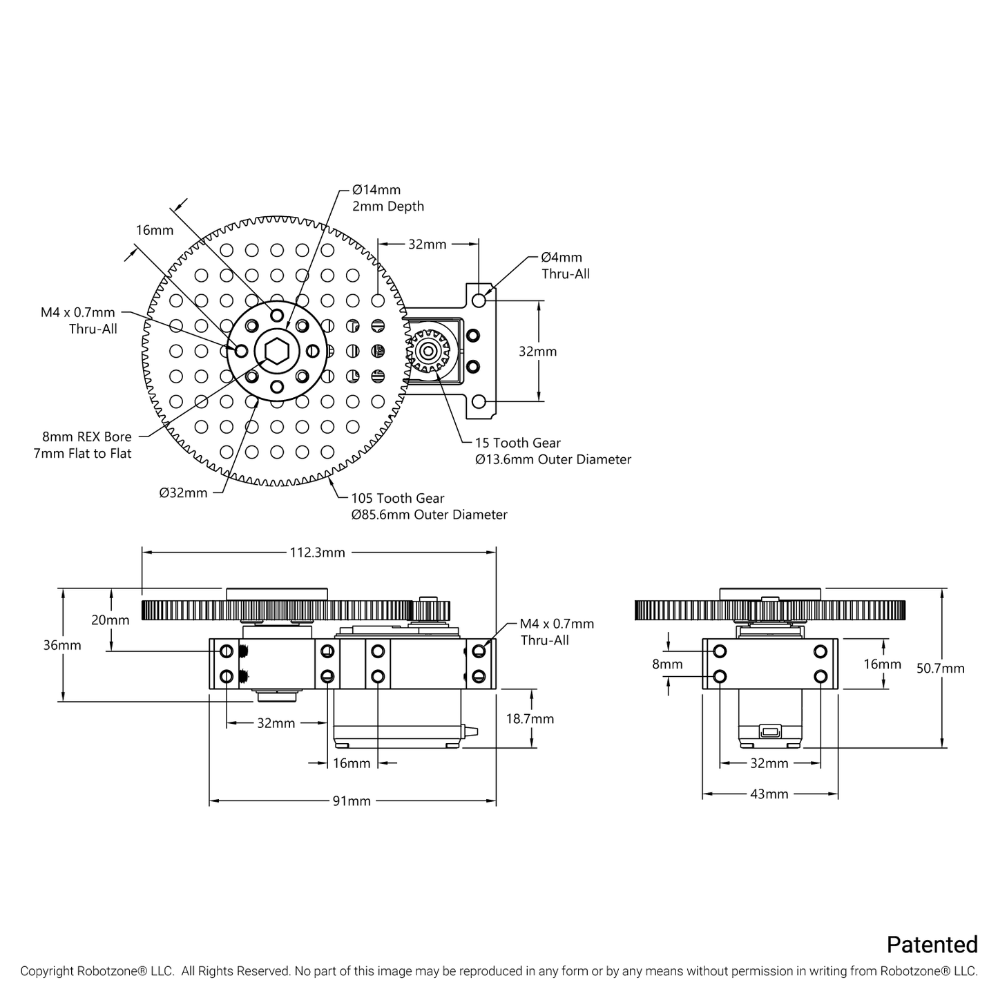Stingray-7 Servo Gearbox (1.19 sec/60°, 8.6 RPM, 2450 oz-in Torque, 257° Rotation)