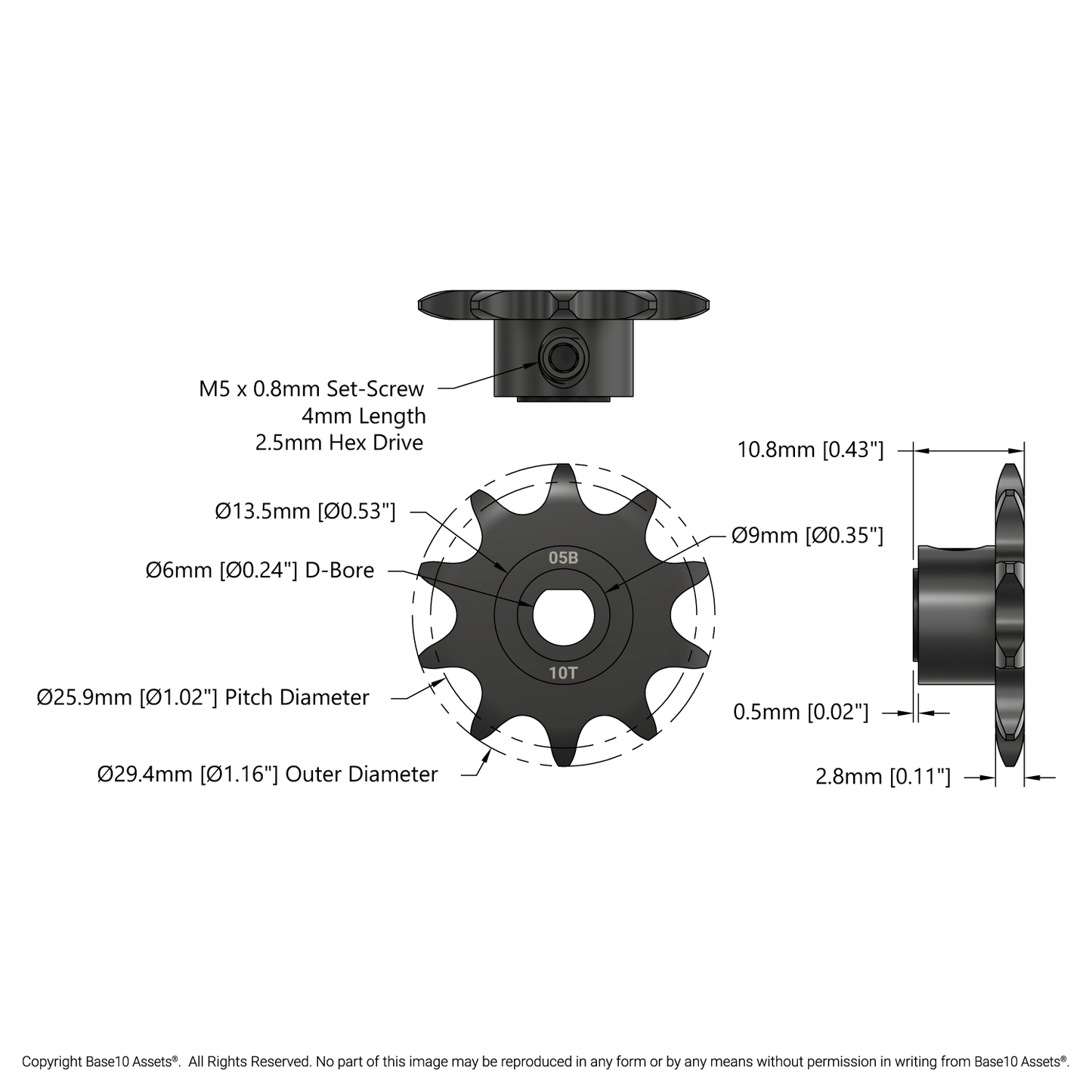 3307 Series 8mm Pitch Steel Set-Screw Sprocket (6mm D-Bore, 10 Tooth)