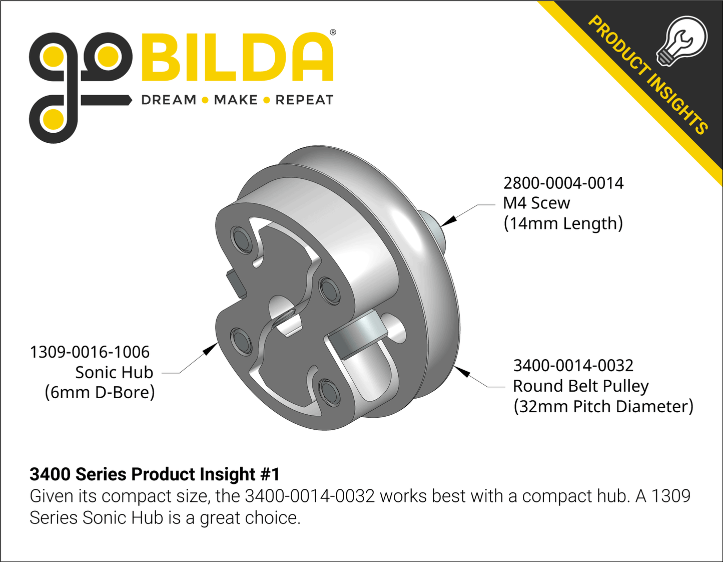 3400 Series Hub Mount Round Belt Pulley (14mm Bore)