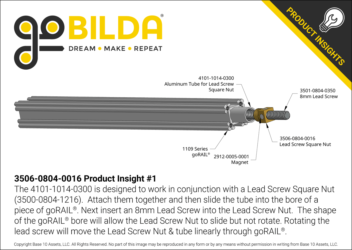 3506 Series Lead Screw Square Nut (8mm Lead, 4 Start, 16mm Length)