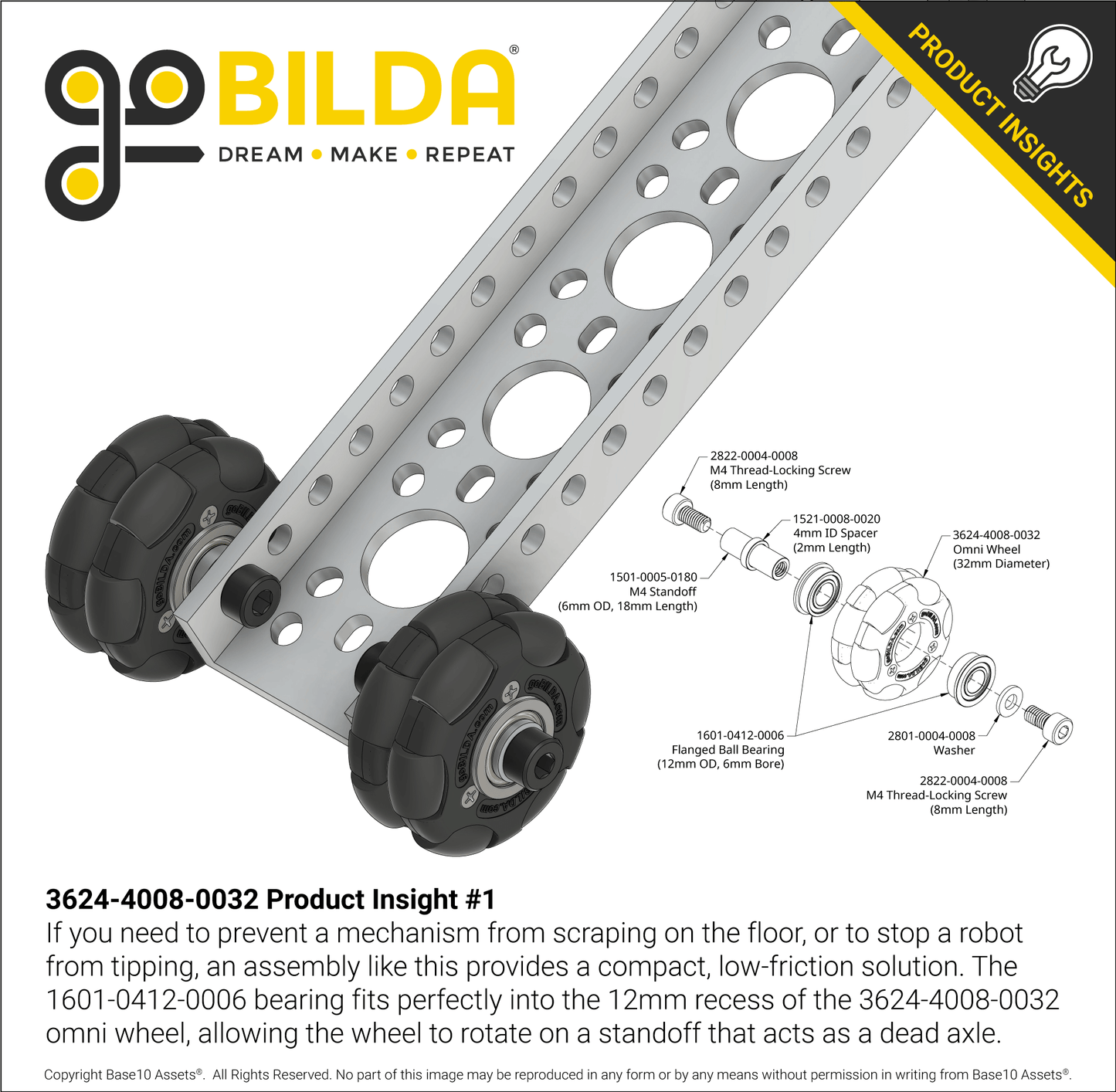3624 Series Omni Wheel (8mm REX™ Bore, 32mm Diameter, 50A Durometer)
