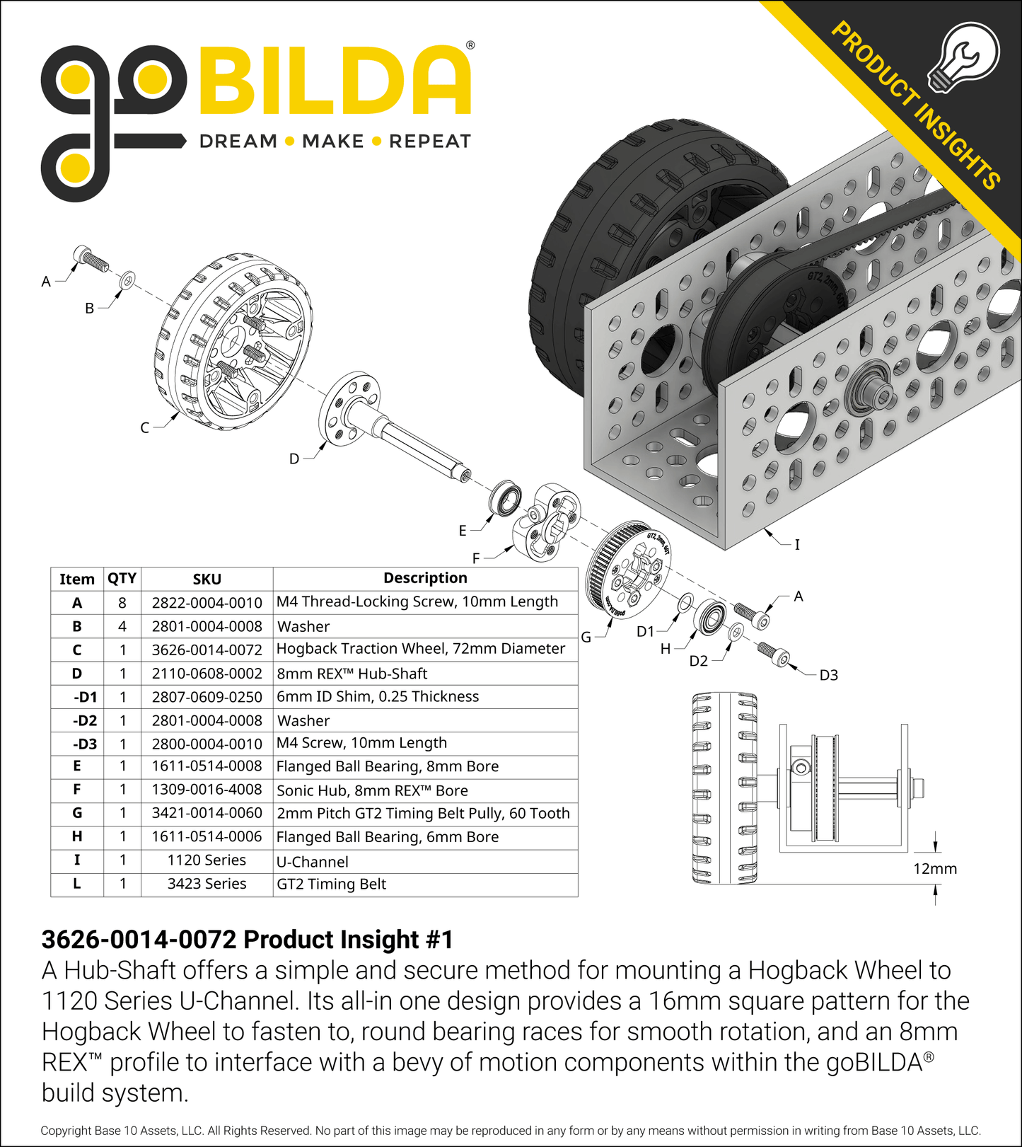 Hogback Traction Wheel (72mm Diameter, 50A Durometer)