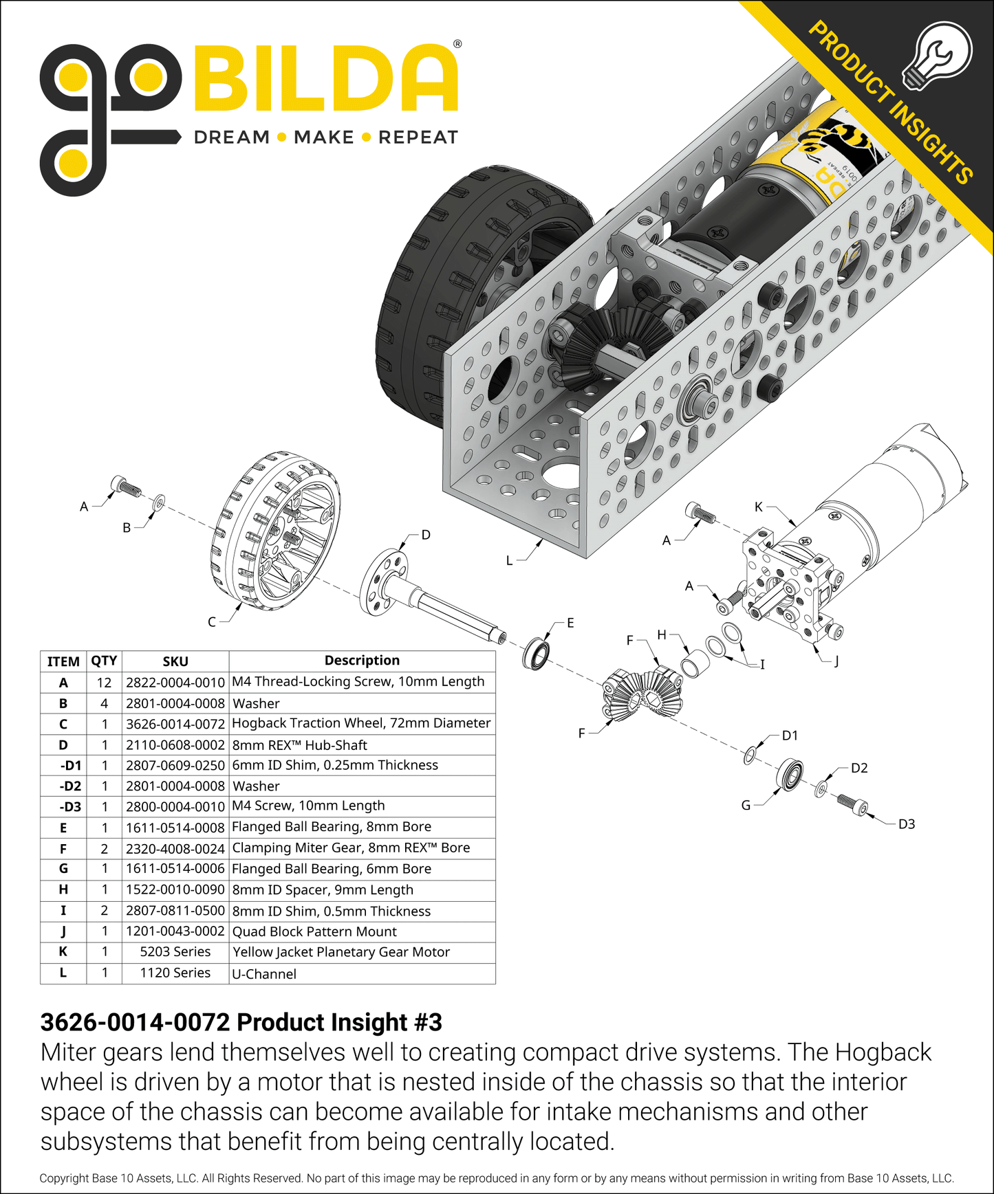 Hogback Traction Wheel (72mm Diameter, 50A Durometer)