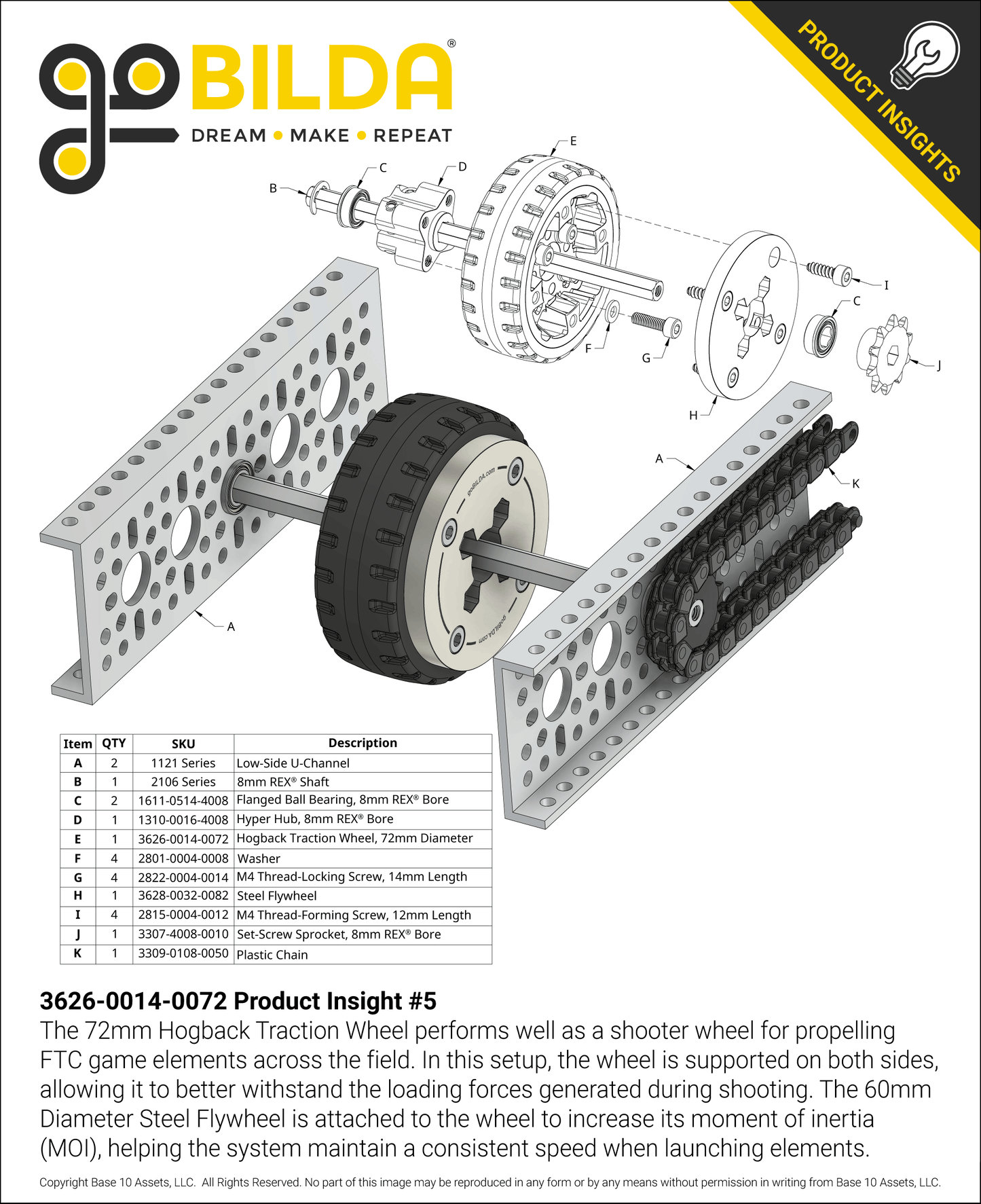 Hogback Traction Wheel (72mm Diameter, 50A Durometer)