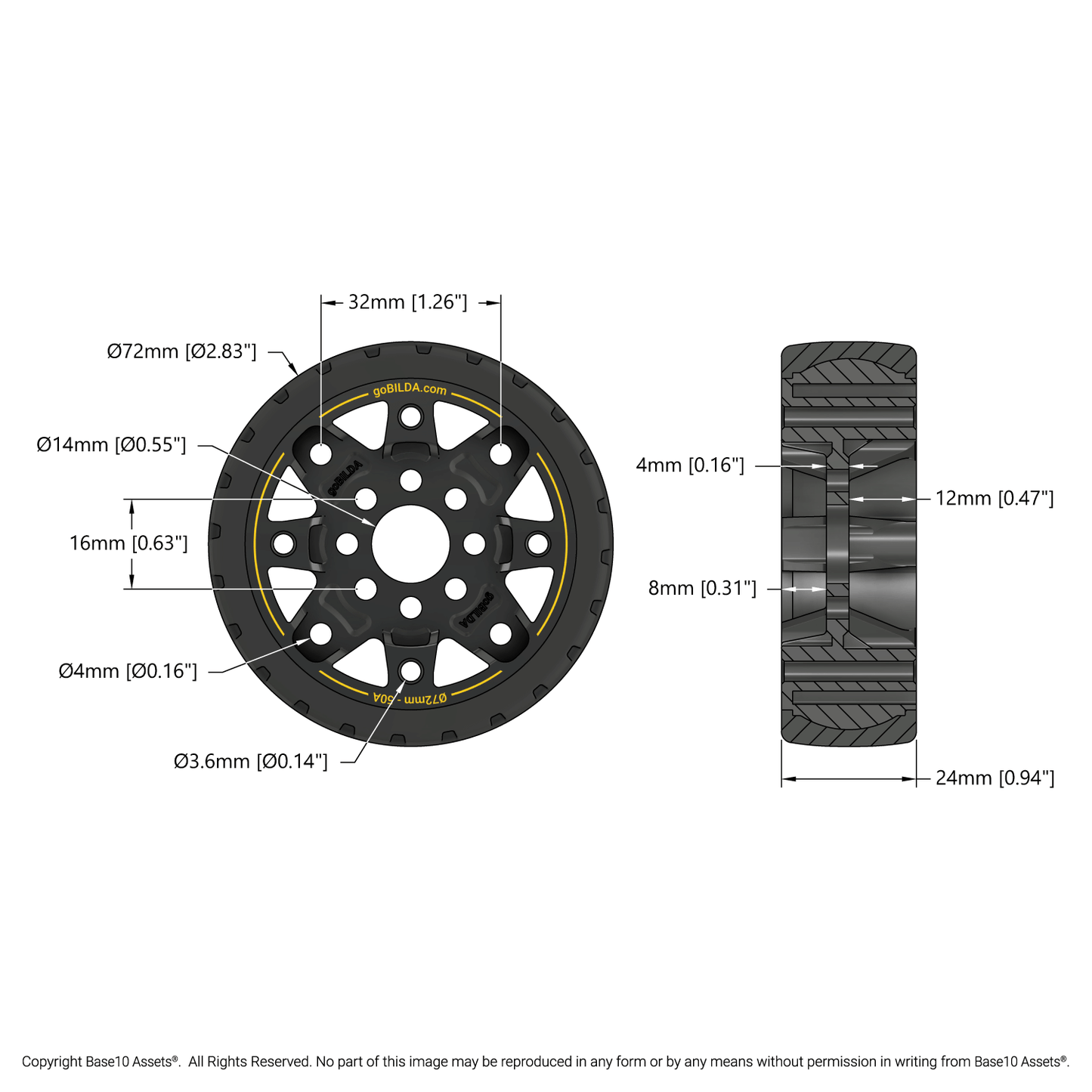 Hogback Traction Wheel (72mm Diameter, 50A Durometer)