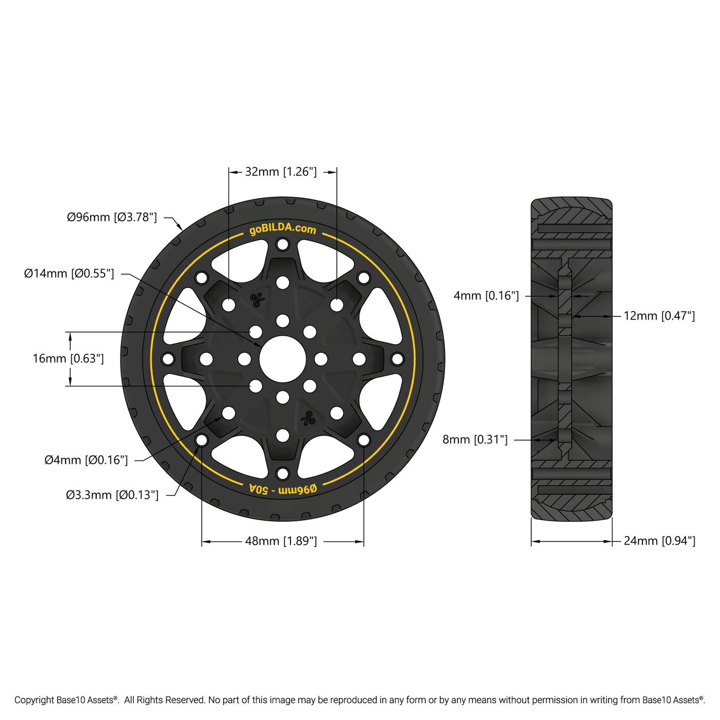 Hogback Traction Wheel (96mm Diameter, 50A Durometer)