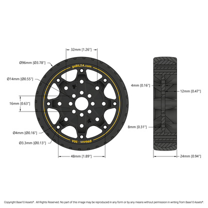 Hogback Traction Wheel (96mm Diameter, 50A Durometer)