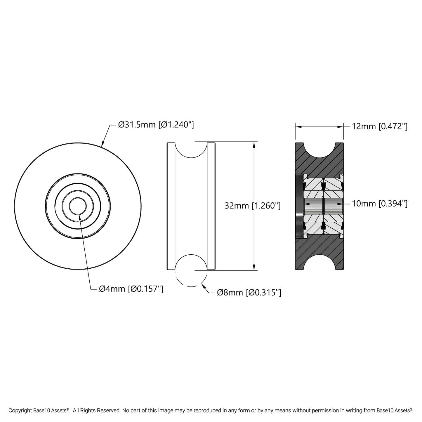 U-Wheel (8mm Groove, 6mm ID Bearings, 32mm Diameter) - 2 Pack