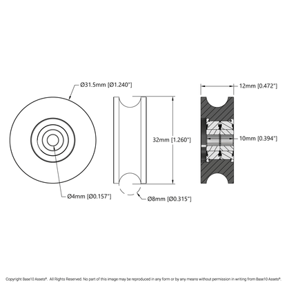 U-Wheel (8mm Groove, 6mm ID Bearings, 32mm Diameter) - 2 Pack