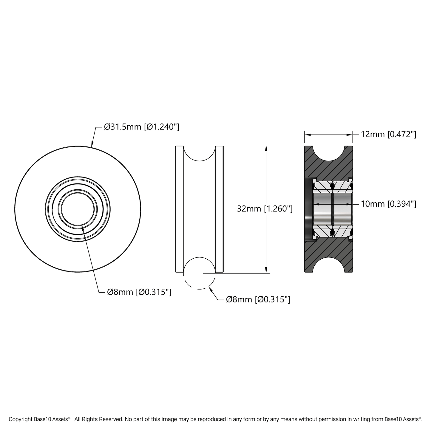 U-Wheel (8mm Groove, 8mm ID Bearings, 32mm Diameter) - 2 Pack
