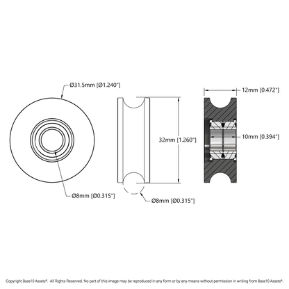 U-Wheel (8mm Groove, 8mm ID Bearings, 32mm Diameter) - 2 Pack