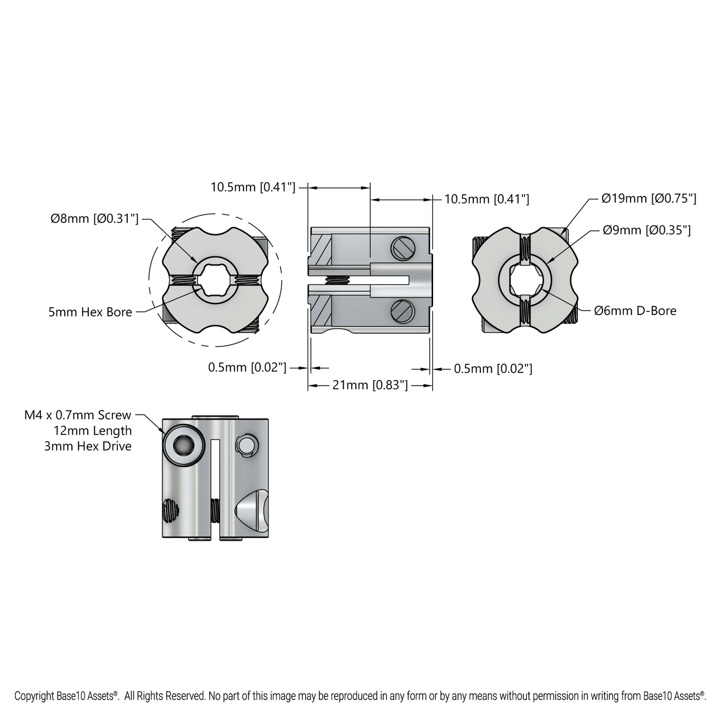 4007 Series Hyper Coupler (6mm D-Bore to 5mm Hex Bore)