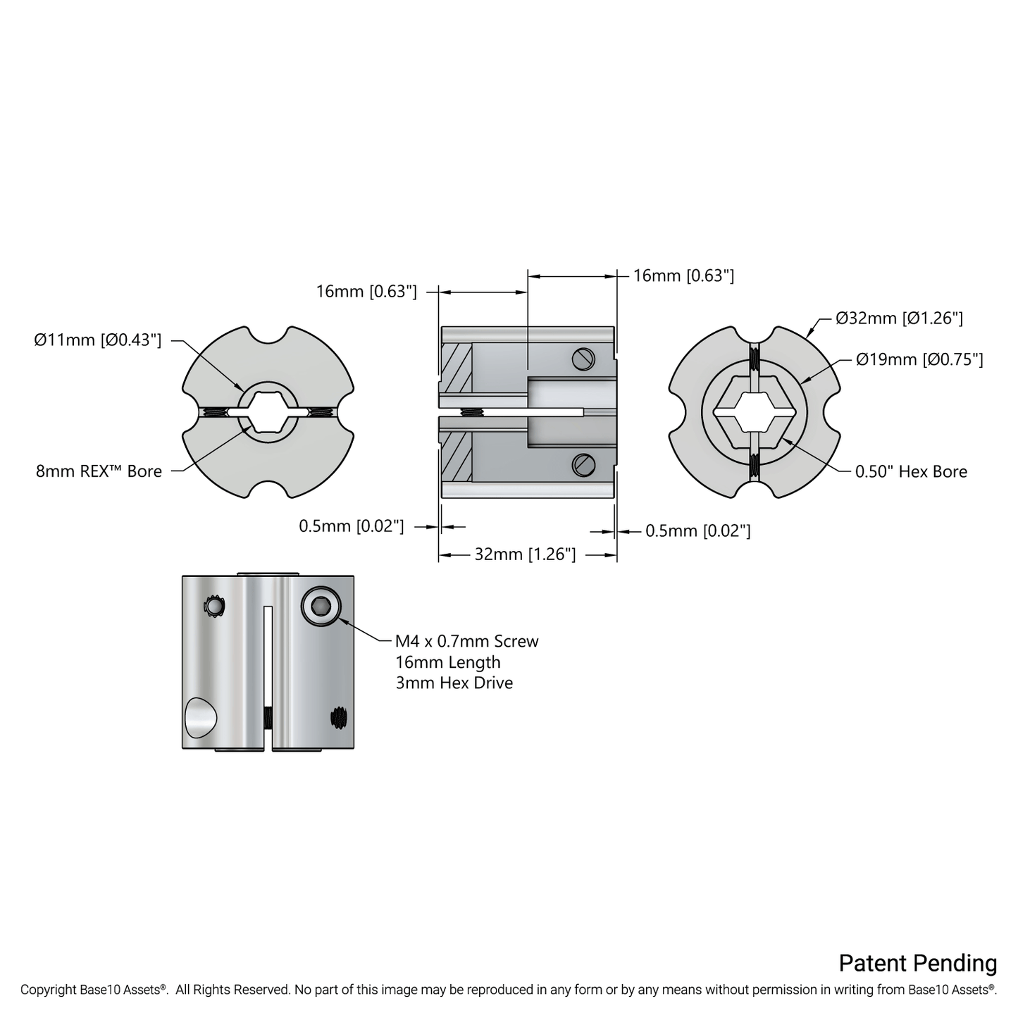 4007 Series Hyper Coupler (1/2" Hex Bore to 8mm REX™ Bore)
