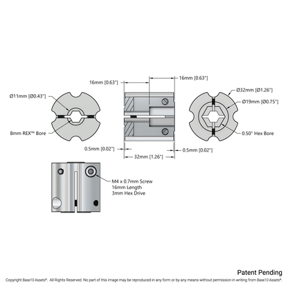 4007 Series Hyper Coupler (1/2" Hex Bore to 8mm REX™ Bore)