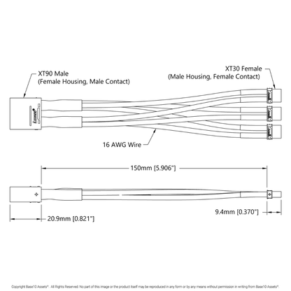(1) XT90 to (3) XT30 Harness (Single FH-MC XT90 to Triple MH-FC XT30, 150mm Length)