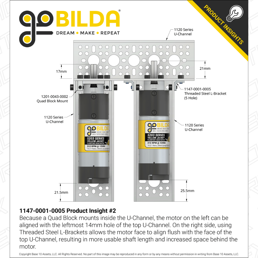 Threaded Steel L-Bracket (5 Hole) - 4 Pack