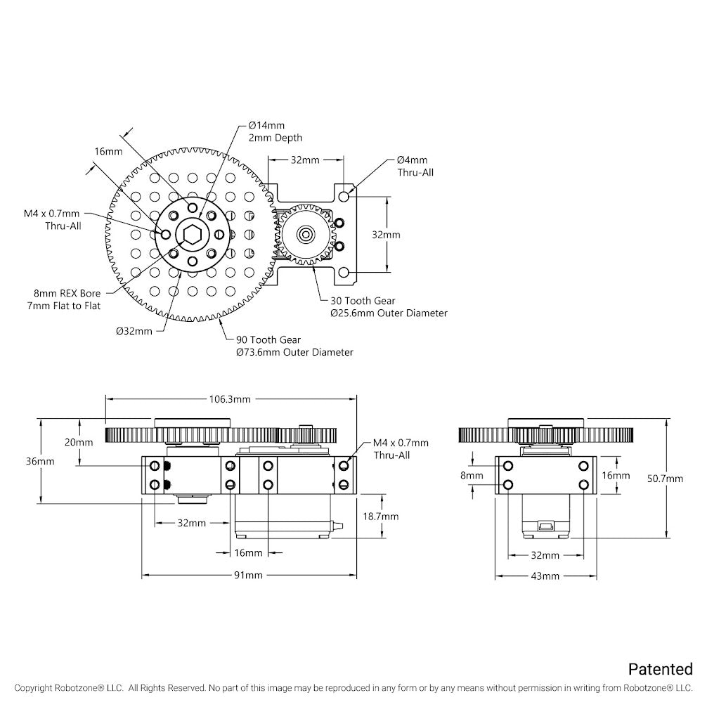 Stingray-3 Servo Gearbox (0.51 sec/60°, 20RPM, 1050 oz-in Torque, 600° Rotation)