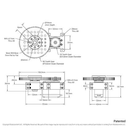 Stingray-3 Servo Gearbox (0.51 sec/60°, 20RPM, 1050 oz-in Torque, 600° Rotation)